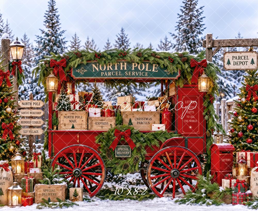 Kate Christmas North Pole Red Parcel Wagon Snowy Printed Backdrop Designed by Patty Roberts