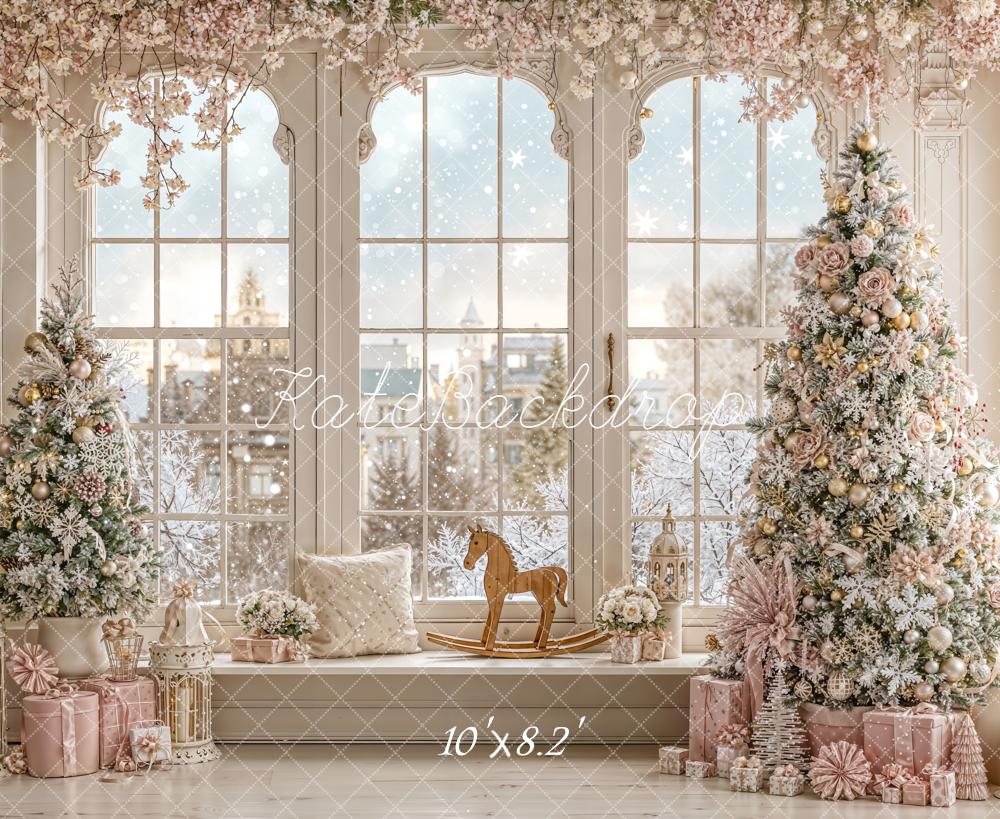 Kate Christmas Frosted Tree Pink Gifts Window Rocking Horse Backdrop Designed by Emetselch