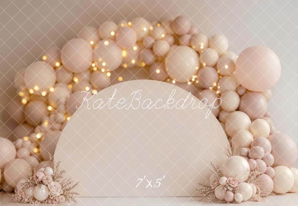 Kate Cake Smash Neutral Balloon Arch with Floral Arrangements and Fairy Lights Printed Backdrop Designed by Emetselch