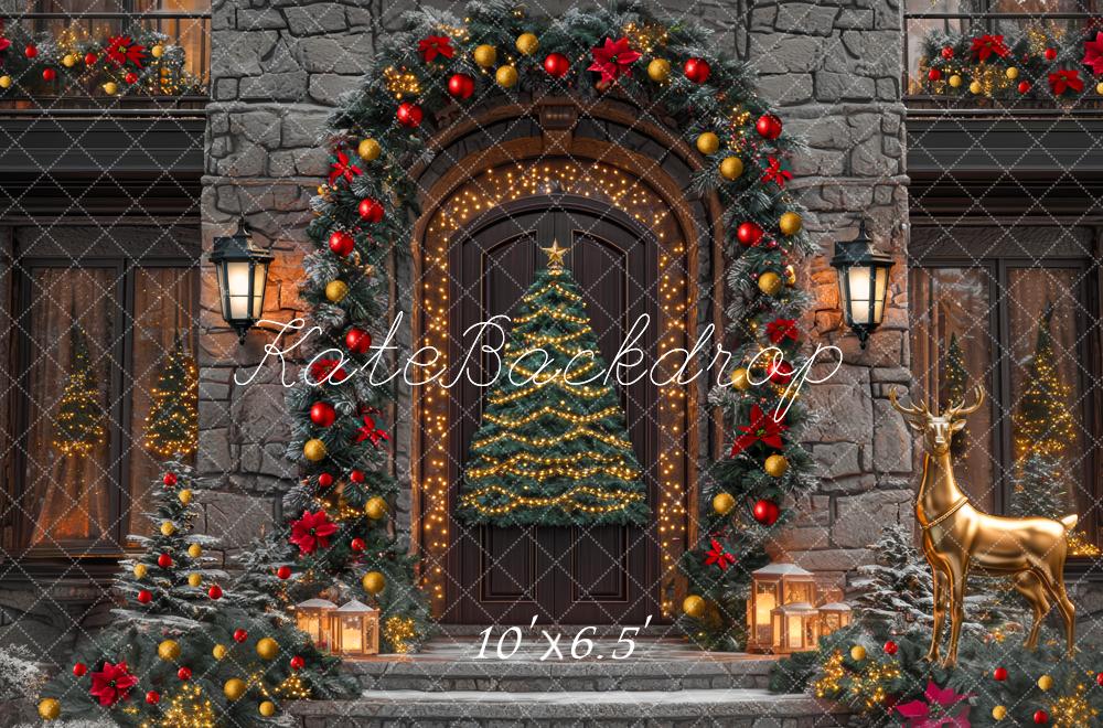 Kate Christmas Tree Front Door Gold Reindeer Stone Backdrop Designed by Mini MakeBelieve
