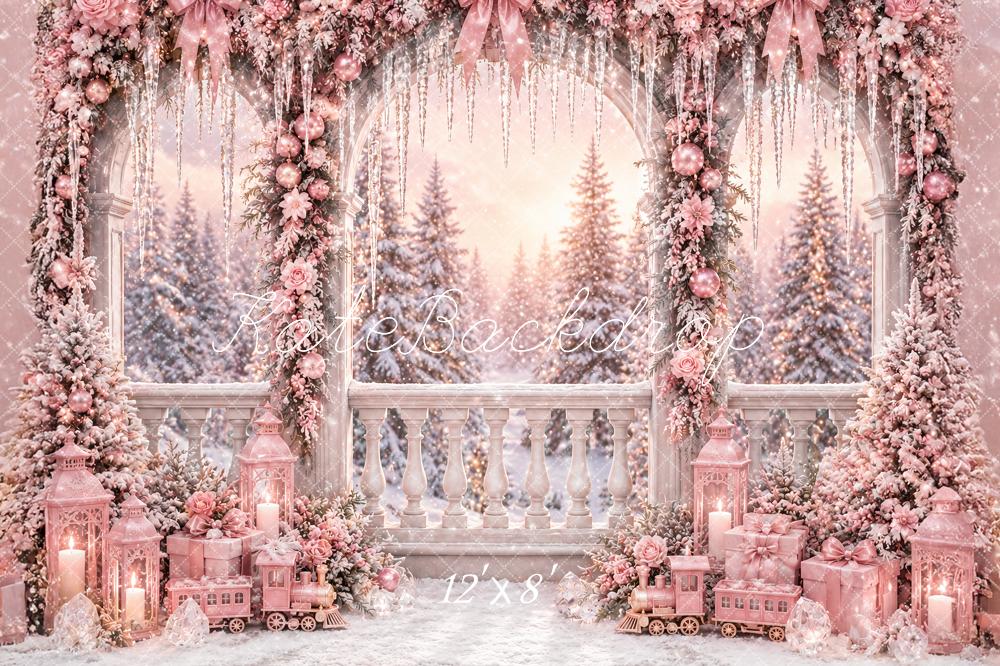 Kate Christmas Pink Flower Arch Terrace Snow Printed Backdrop Designed by Ashley Paul