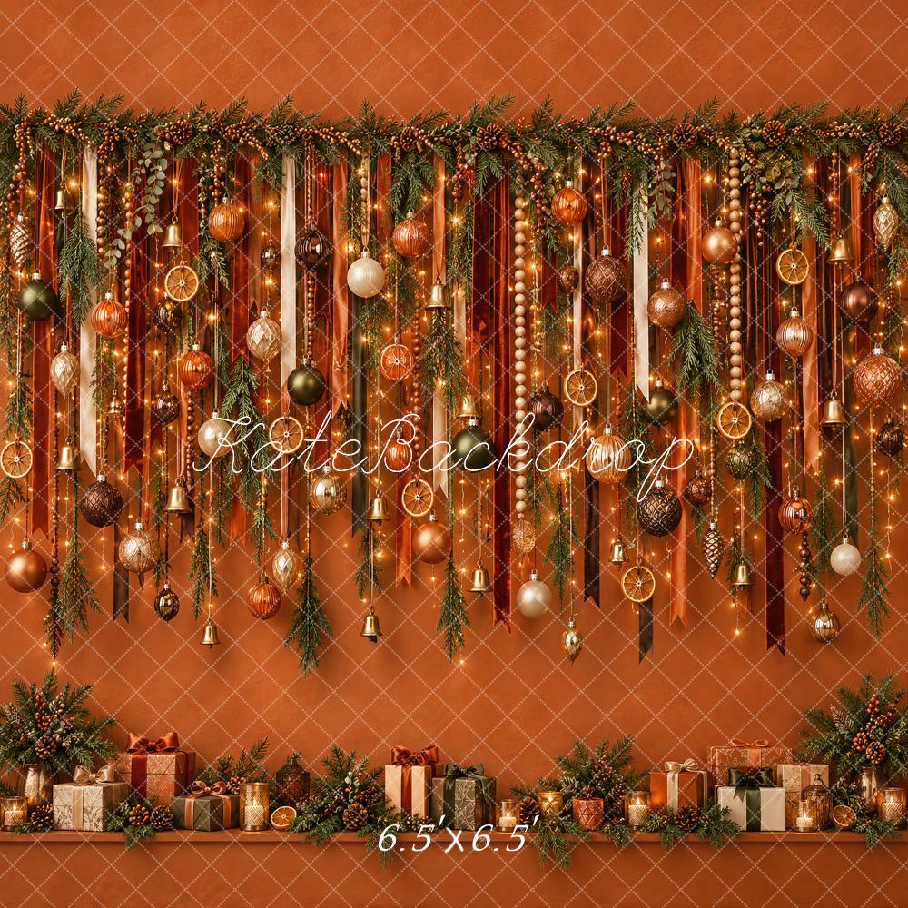 Kate Christmas Ornament Garland Orange Wall Lights Printed Backdrop Designed by Vertigo Productions