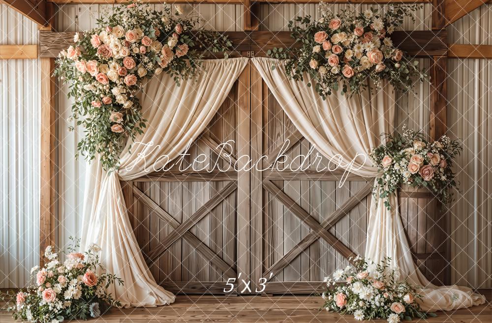 Kate Spring Romantic Flower Arch Barn Doors Cream Drapes Printed Backdrop Designed by Emetselch