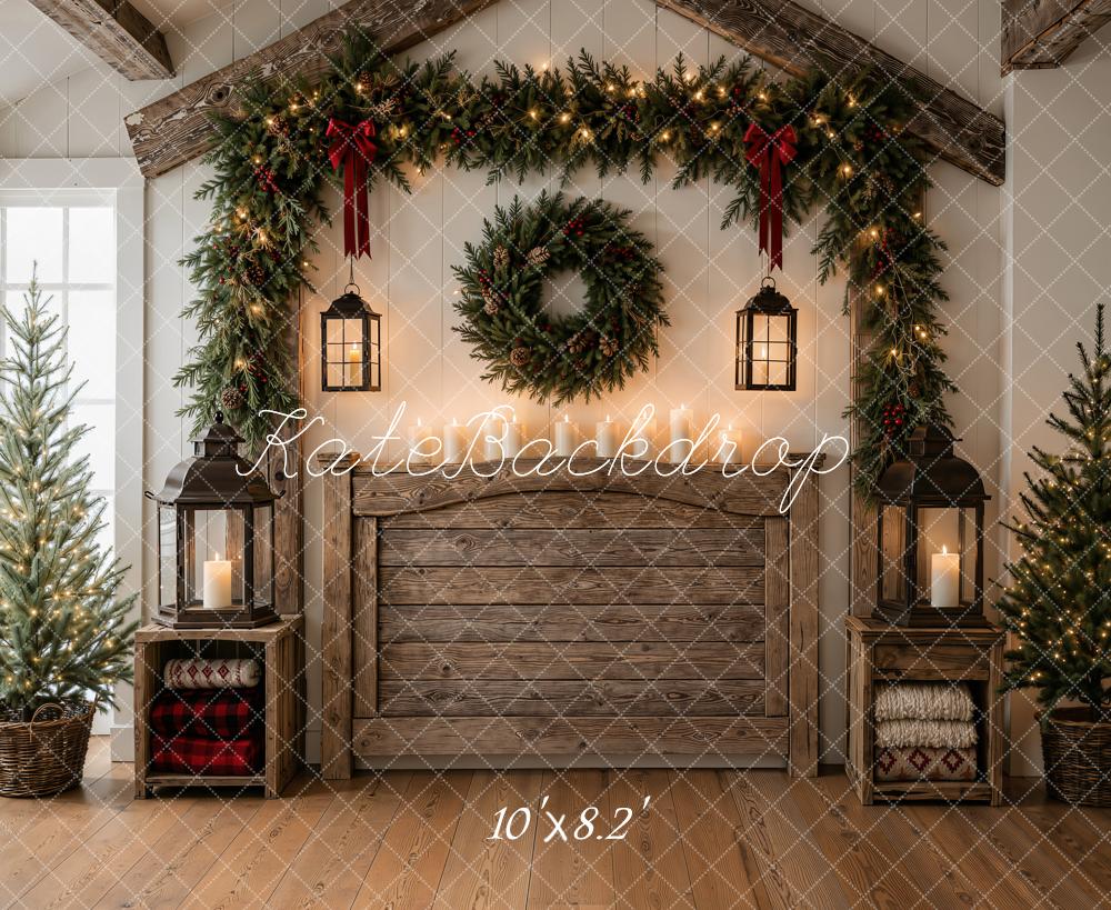 Kate Christmas Rustic Wood Headboard Garland Wreath Lanterns Printed Backdrop Designed by Emetselch