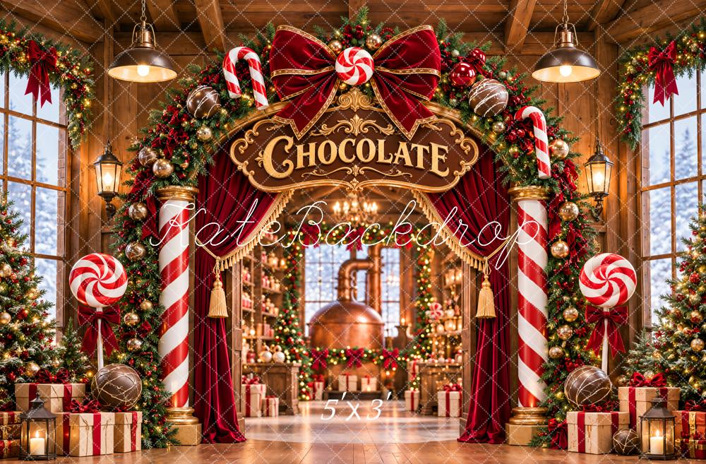 Kate Christmas Chocolate Factory Candy Cane Arch Bow Printed Backdrop Designed by Emetselch