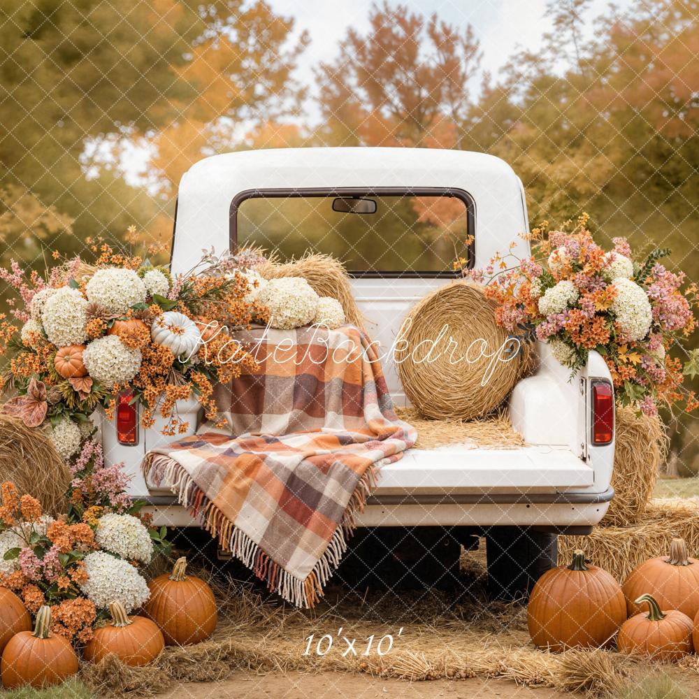 Kate Fall White Truck Pumpkins Hay Bales Flowers Printed Backdrop Designed by Emetselch