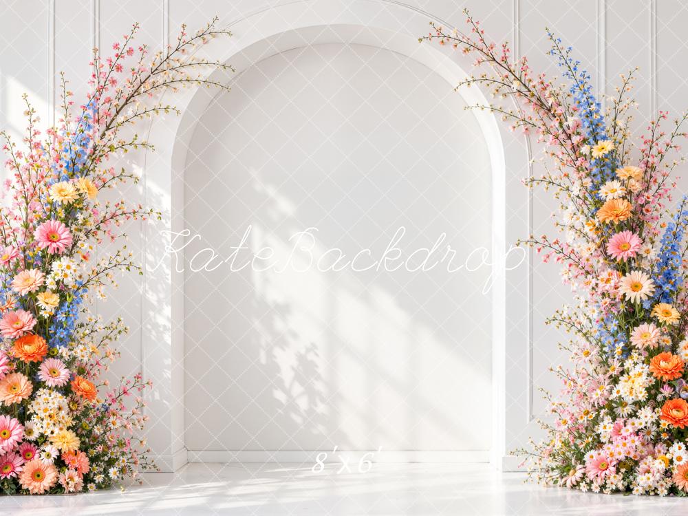 Kate Spring Flower Arch White Wall Sunlight Printed Backdrop Designed by Emetselch