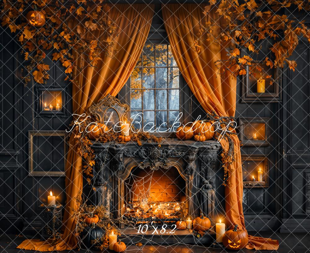 Kate Halloween Pumpkin Orange Curtain Black Fireplace Backdrop Designed by Emetselch