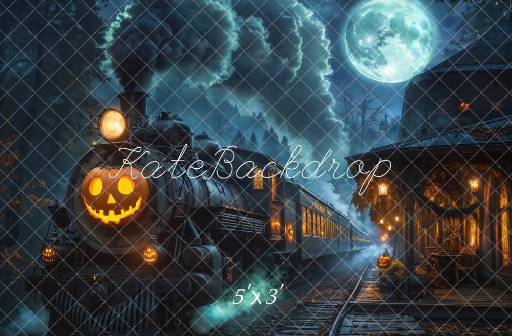 Kate Halloween Haunted Train Station Pumpkin Lantern Moon Printed Backdrop Designed by Emetselch