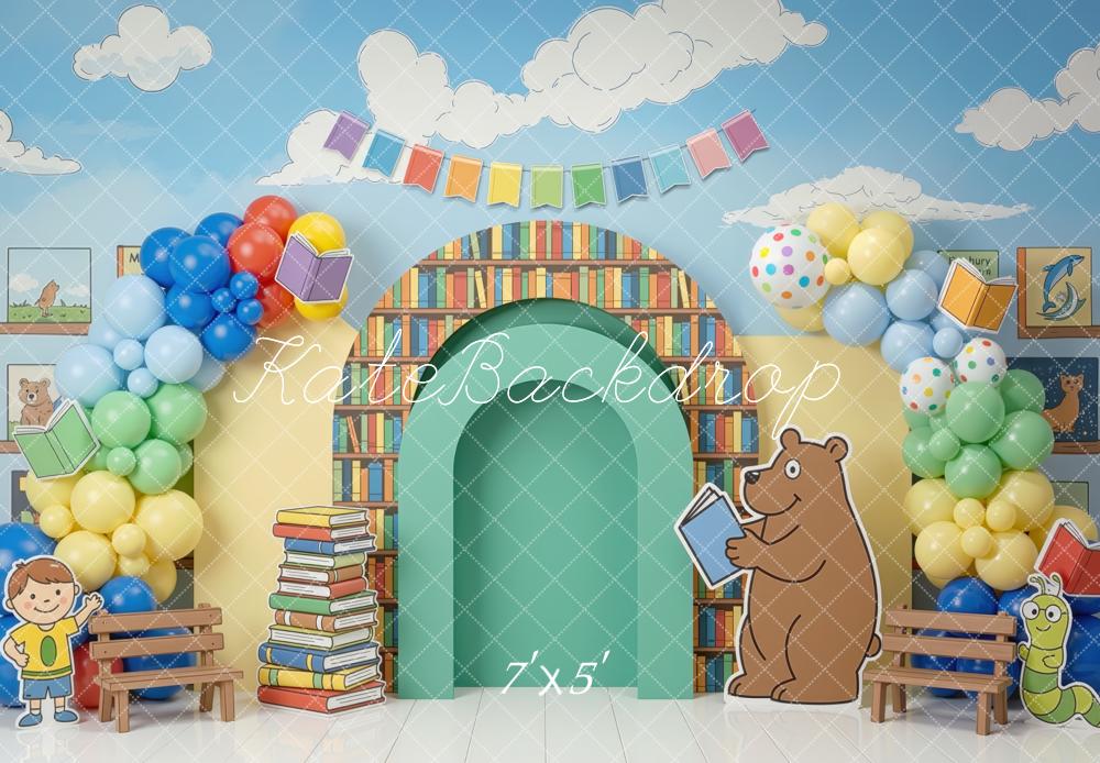 Kate Back to School Book Arch Balloons Cartoon Bear Printed Backdrop Designed by Mini MakeBelieve