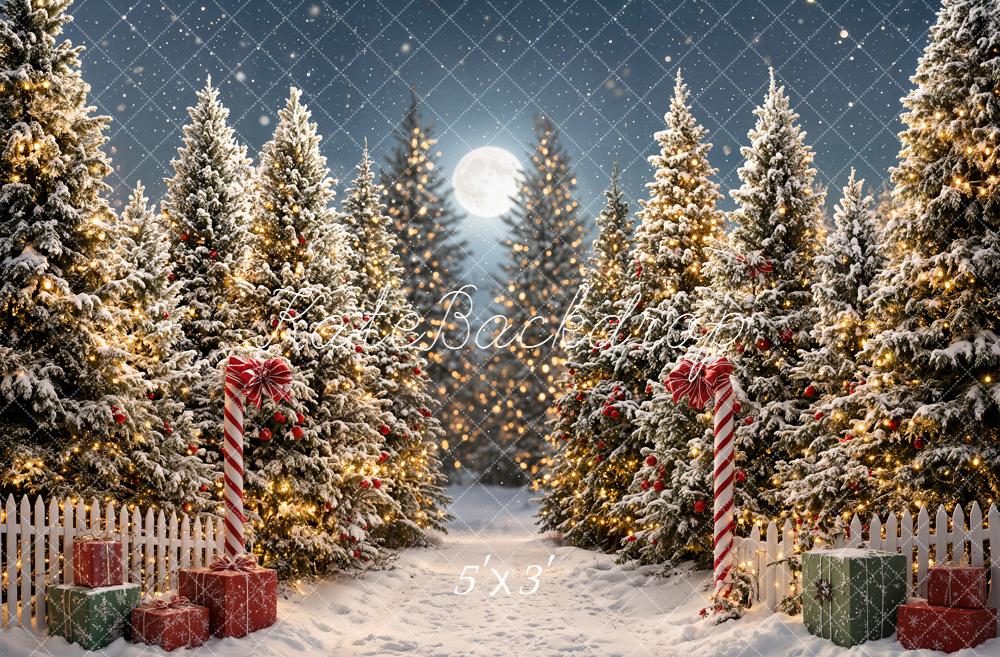 Kate Christmas Snowy Pine Trees Presents Moonlight Printed Backdrop Designed by Emetselch