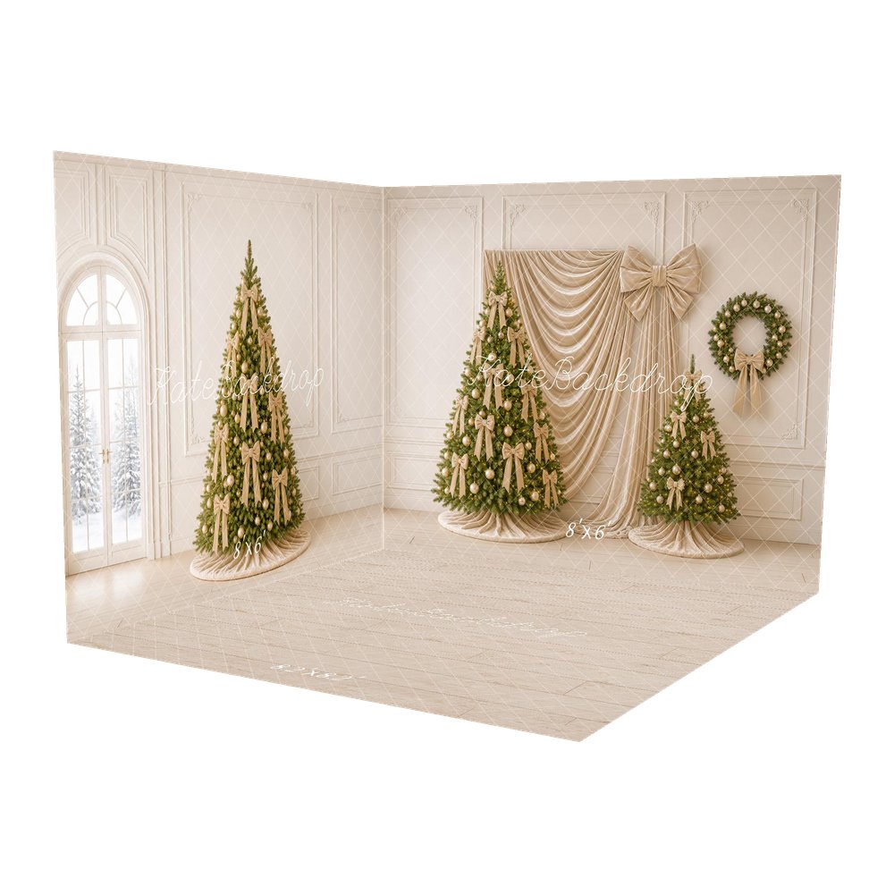 Kate Christmas Gold Bow Christmas Tree Wreath Draped Curtain Printed Backdrop Room Set