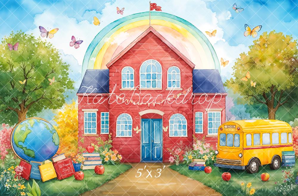 Camino de Regreso a la Escuela Autobús Escolar Rojo Fondo de Arcoíris Designed by Emetselch