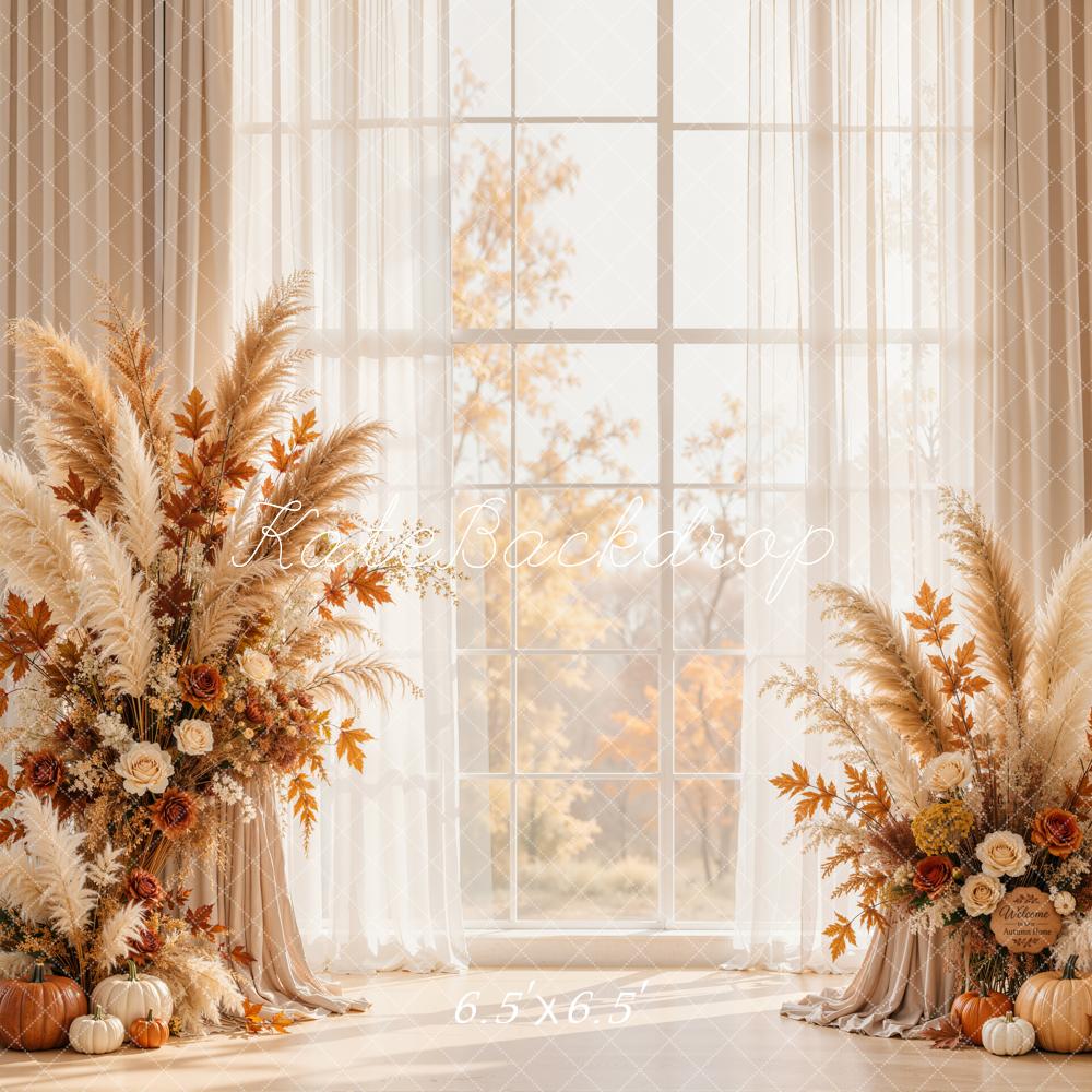 Kate Fall Pampas Floral Pumpkin Window Printed Backdrop Designed by Emetselch