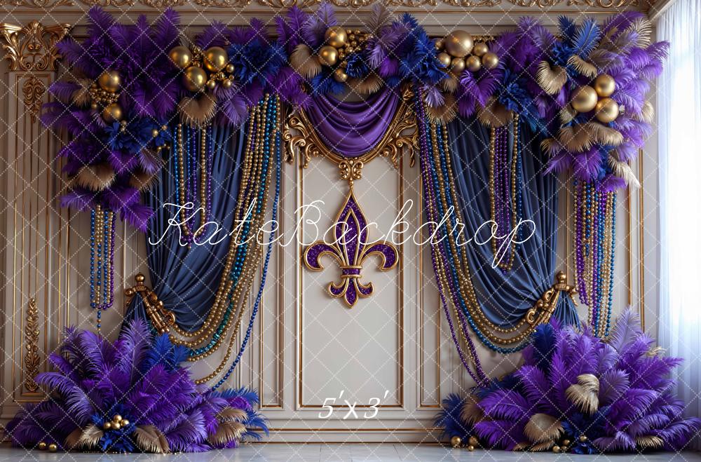 Kate Mardi Gras Fleur De Lis Purple Gold Beads Floral Curtain Backdrop Designed by Mini MakeBelieve