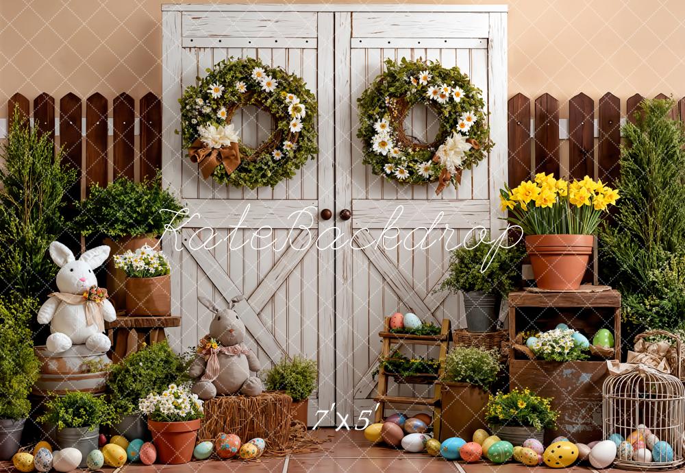 Kate Easter Rustic White Door Bunny Eggs Flowers Fence Backdrop Designed by Emetselch