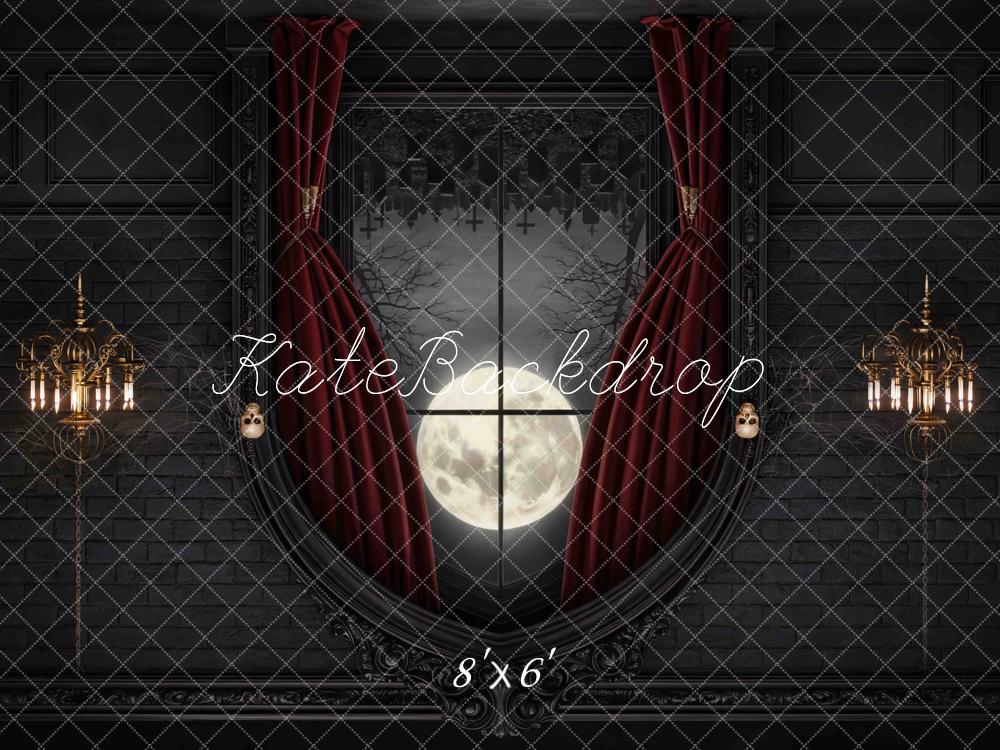 Kate Halloween Vampire Gothic Window Full Moon Red Curtain Printed Backdrop Designed by Mini MakeBelieve