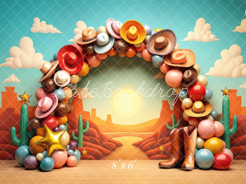 Kate Western Cowboy Hat Balloon Arch Desert Boots Printed Backdrop Designed by Laura Bybee