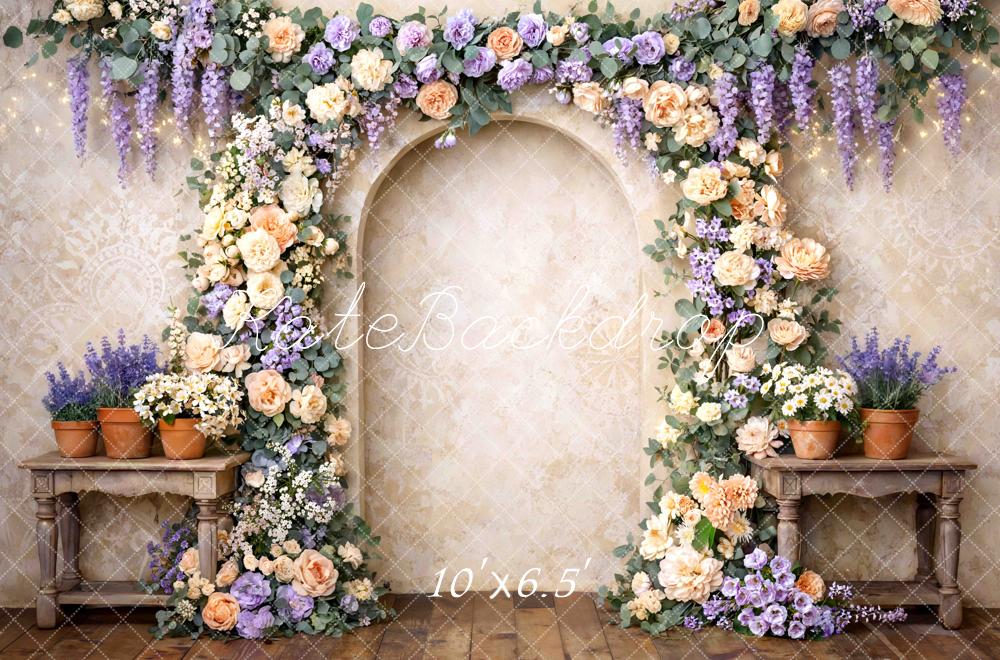 Kate Flower Arch Cream Lavender Floral Wall Printed Backdrop Designed by Mini MakeBelieve