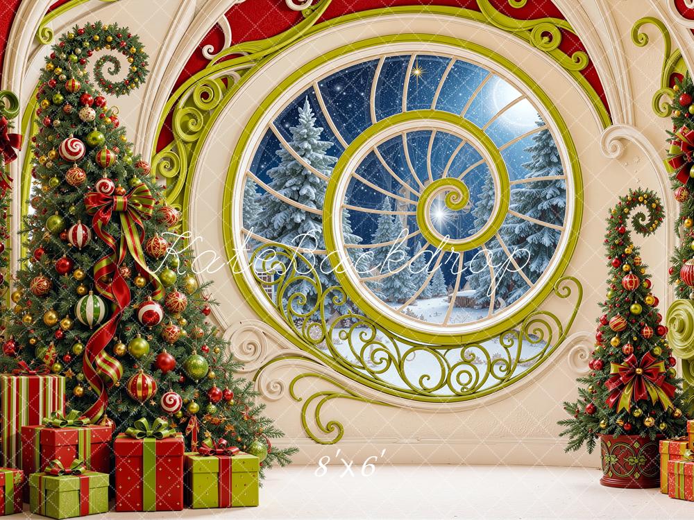 Kate Christmas Elf Spiral Window Decorated Trees Gifts Printed Backdrop Designed by Shutter Swan Studios