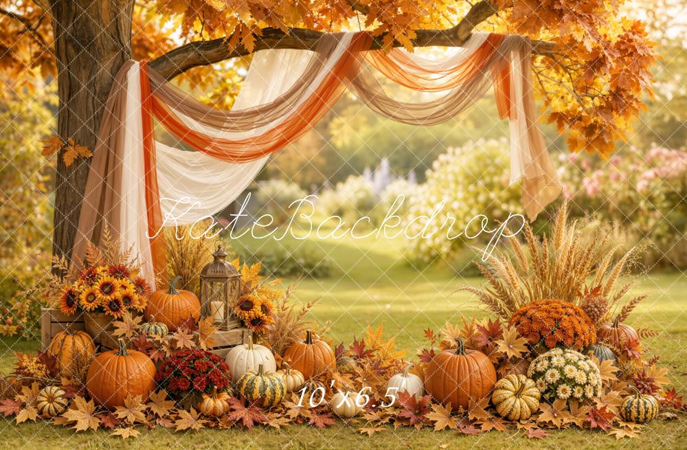 Kate Fall Branch Arch Drapes Pumpkin Floral Outdoor Printed Backdrop Designed by Emetselch