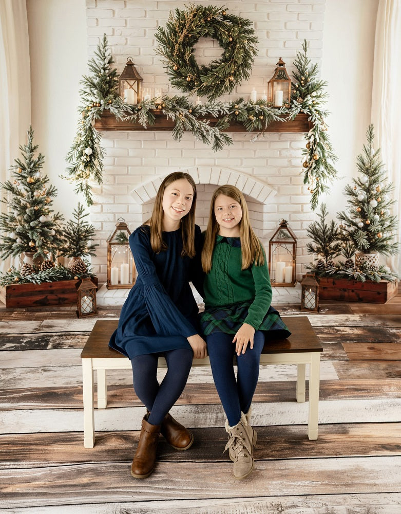 Kate Christmas Fireplace Wreath White Brick Wall Backdrop Designed by Emetselch