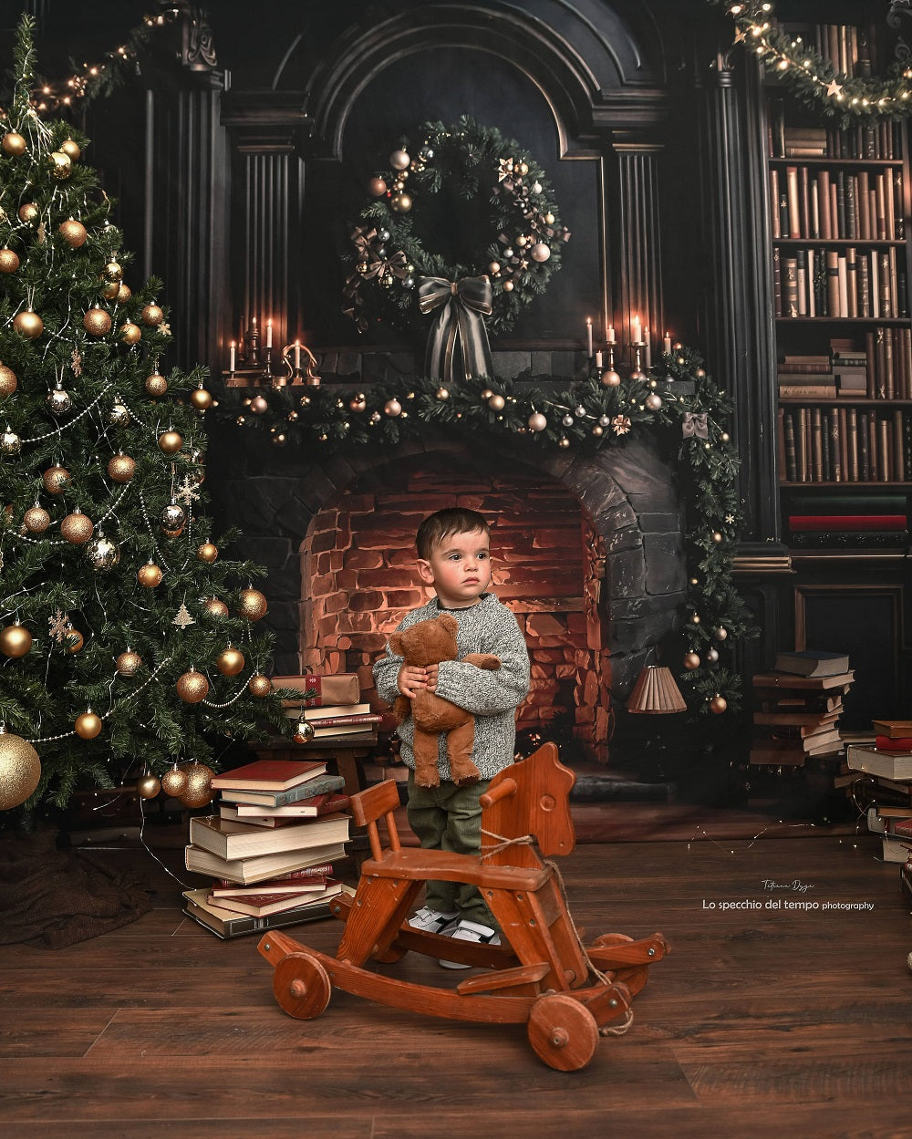 Kate Christmas Fireplace Bookshelves Garland Dark Backdrop+Brown Wood Floor Backdrop