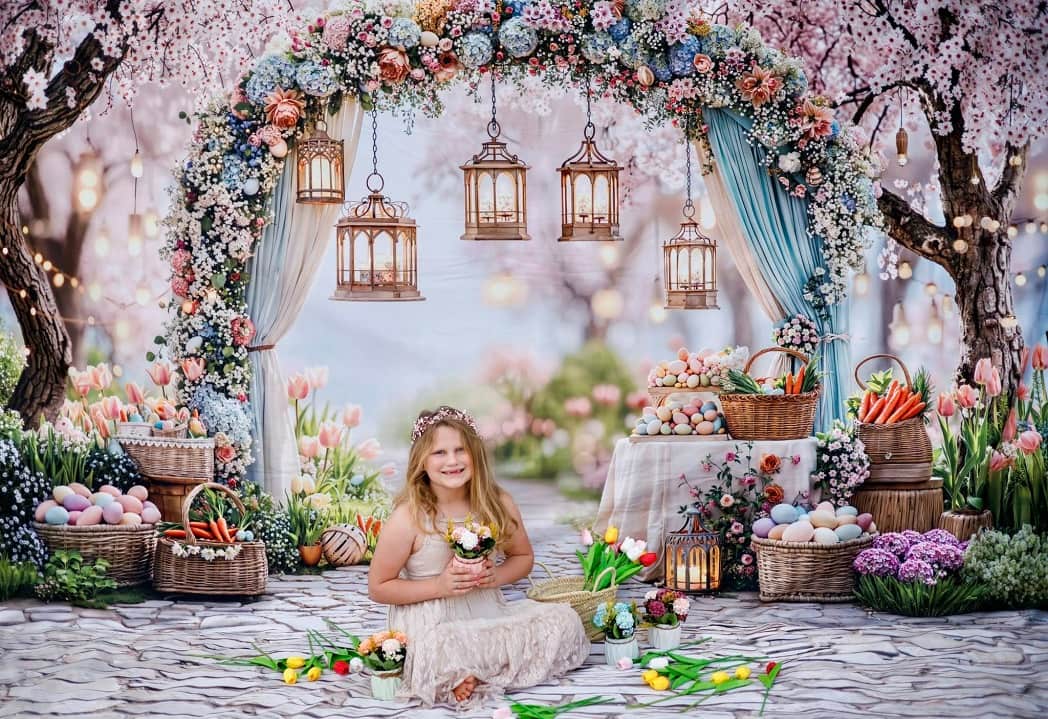 Kate Easter Spring Flower Arch Pastel Eggs Lanterns Garden Pink Printed Backdrop+Cobblestone Floor Printed Backdrop