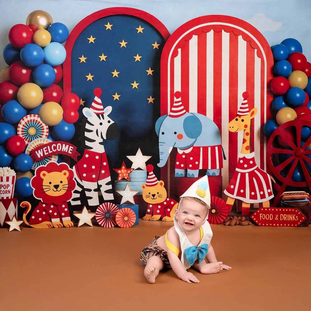 Kate Cake Smash Circus Animals Balloon Printed Backdrop Designed by Mini MakeBelieve