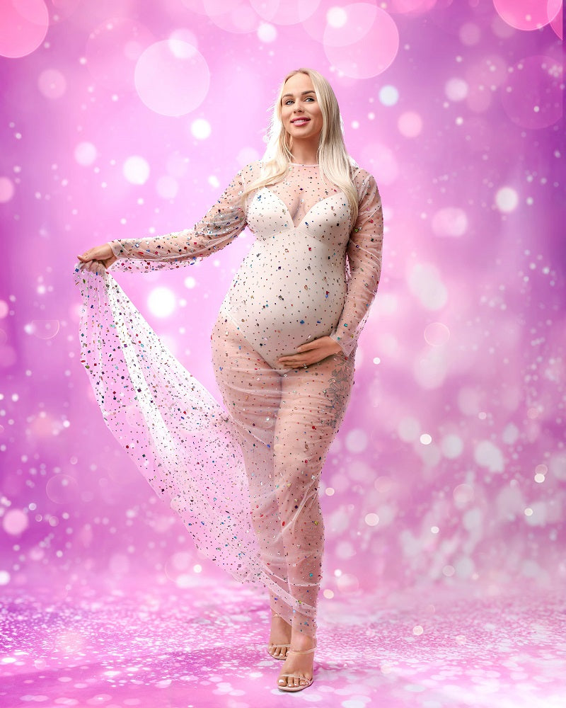 Bead Geborduurde Mesh Halve Mouw Staart Maternity Photoshoot Jurk