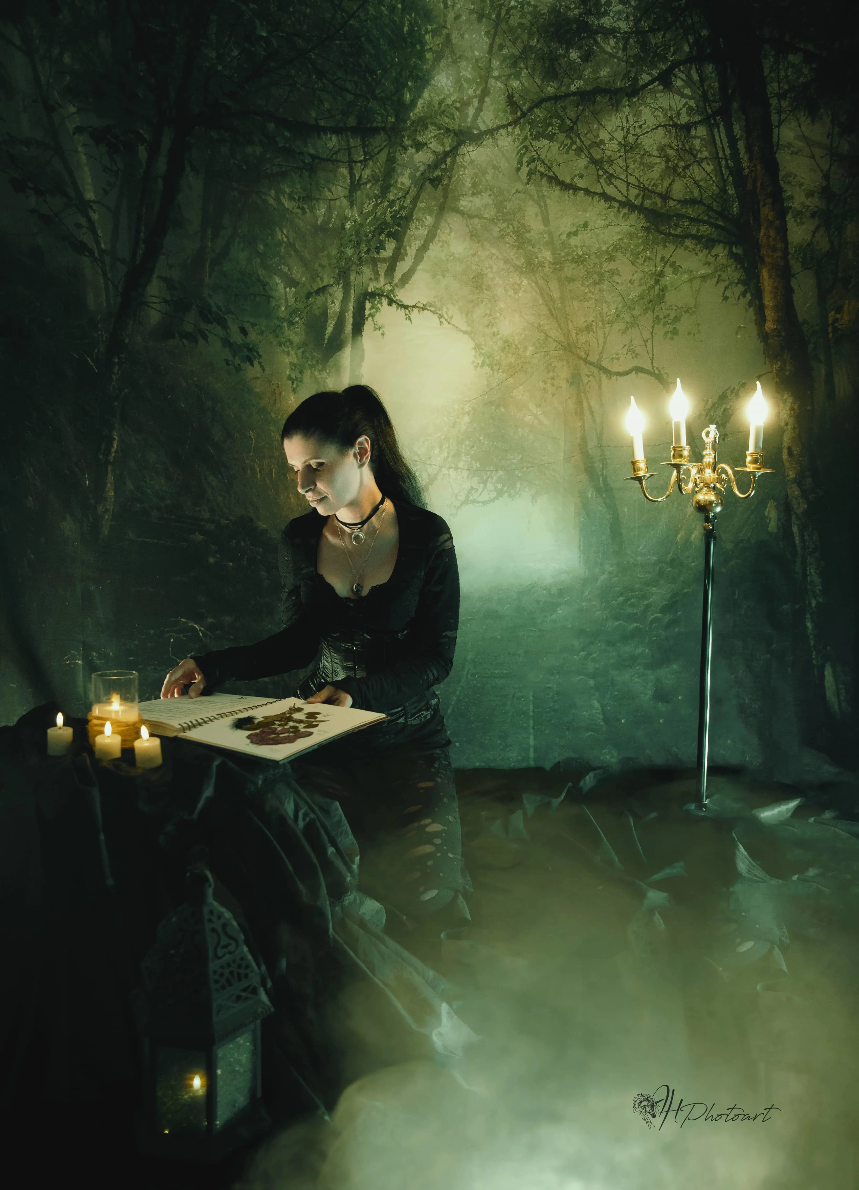 Sfondo estivo per fotografia nella foresta nebbiosa