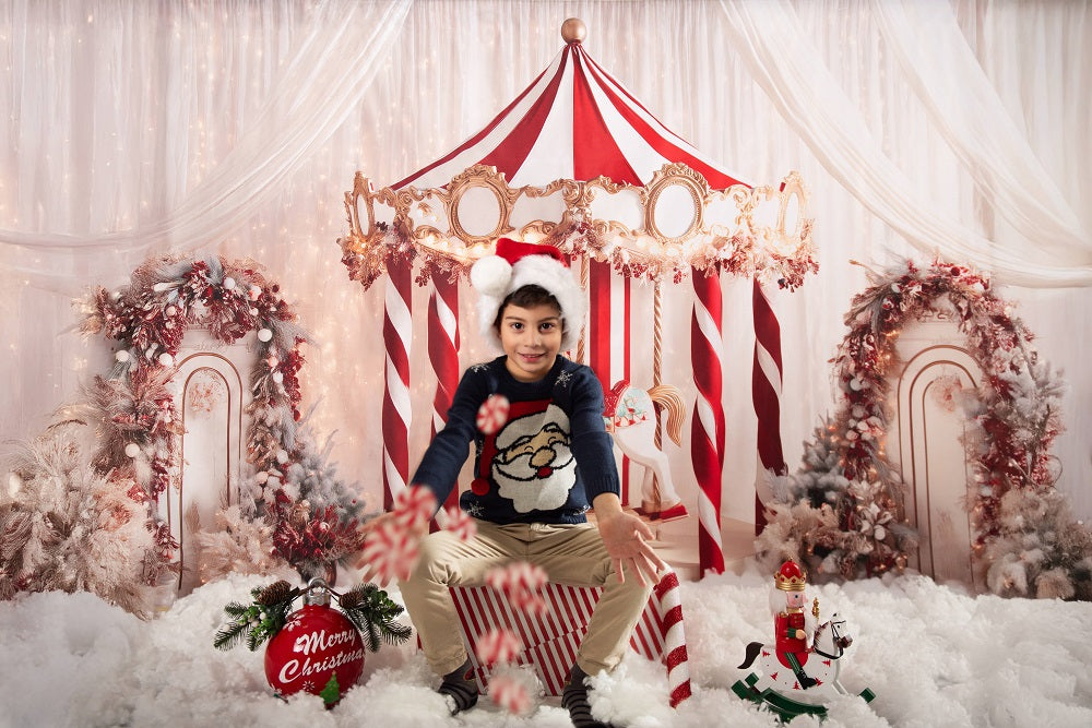 Kate Christmas Circus Carousel White Drapes Backdrop Designed by Patty Roberts