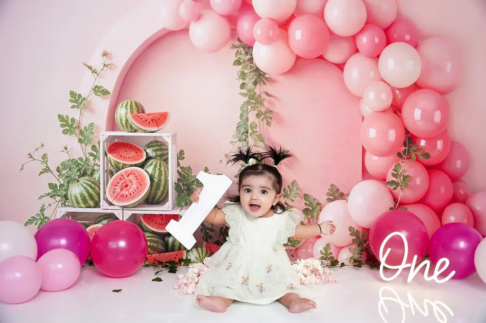 Kate Cake Smash Pink Balloon Arch Watermelon Crate Printed Backdrop Designed by Emetselch