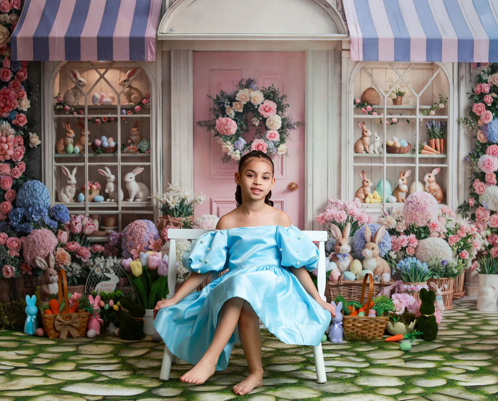 Kate Easter Bunny Flower Arch Pink Door Printed Backdrop Designed by Emetselch