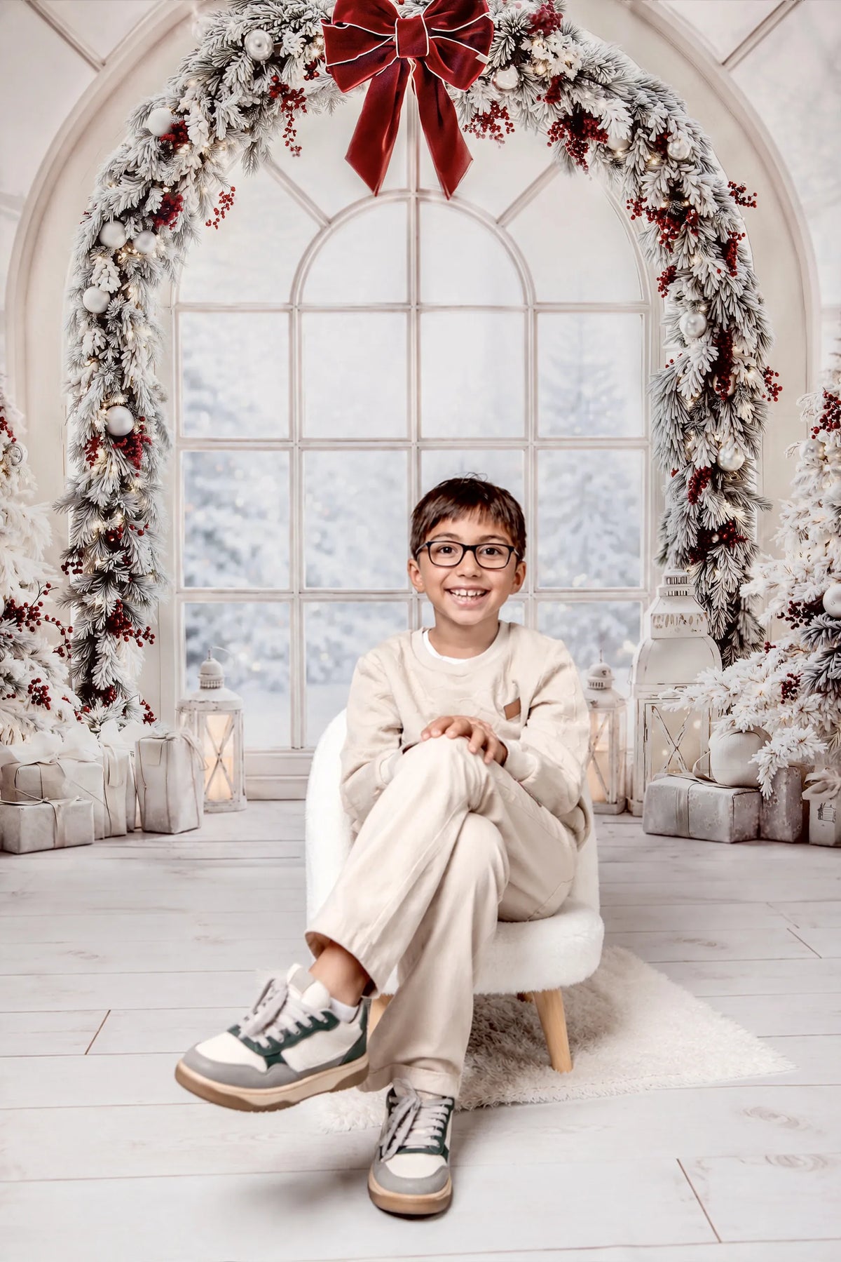Kate Christmas Trees Arched Window Red Bow Garland Snowy Printed Backdrop+White Wood Plank Floor Printed Backdrop