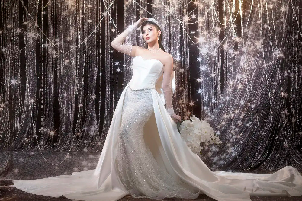 Kate Silver Glitter Crystal Chandelier Drapes Printed Backdrop Designed by Chain Photography