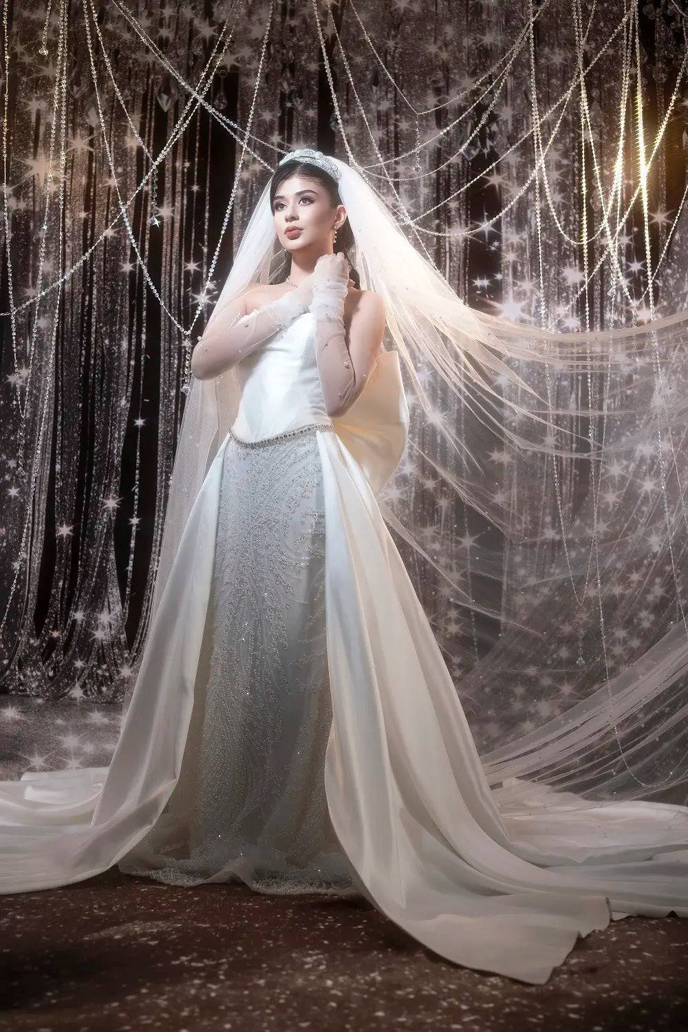 Kate Silver Glitter Crystal Chandelier Drapes Printed Backdrop Designed by Chain Photography