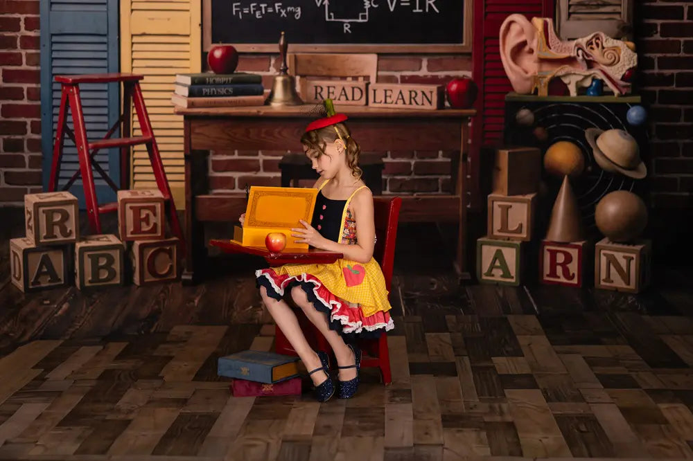 Kate Back To School Blackboard Brick Wall Books Blocks Printed Backdrop Designed by Emetselch