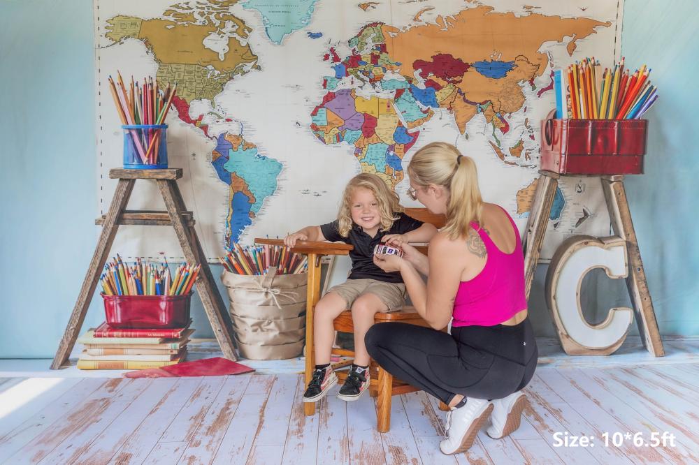 Kate Back To School World Map Alphabet Pencils Books Printed Backdrop Designed by Emetselch