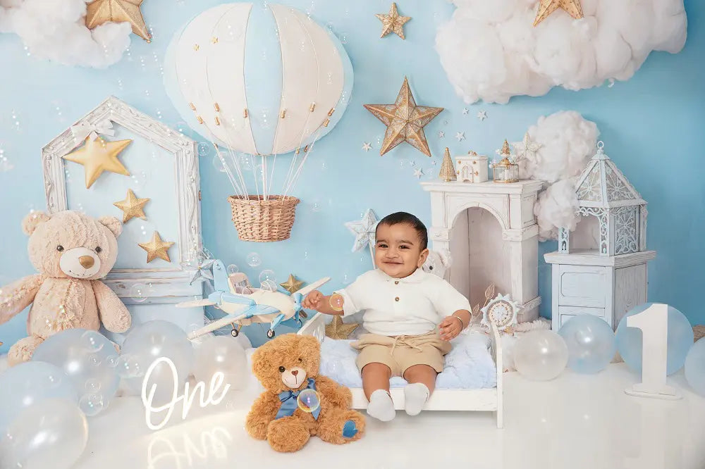 Kate Cake Smash Blue Hot Air Balloon Airplane Teddy Bear Cloud Backdrop Designed by Emetselch