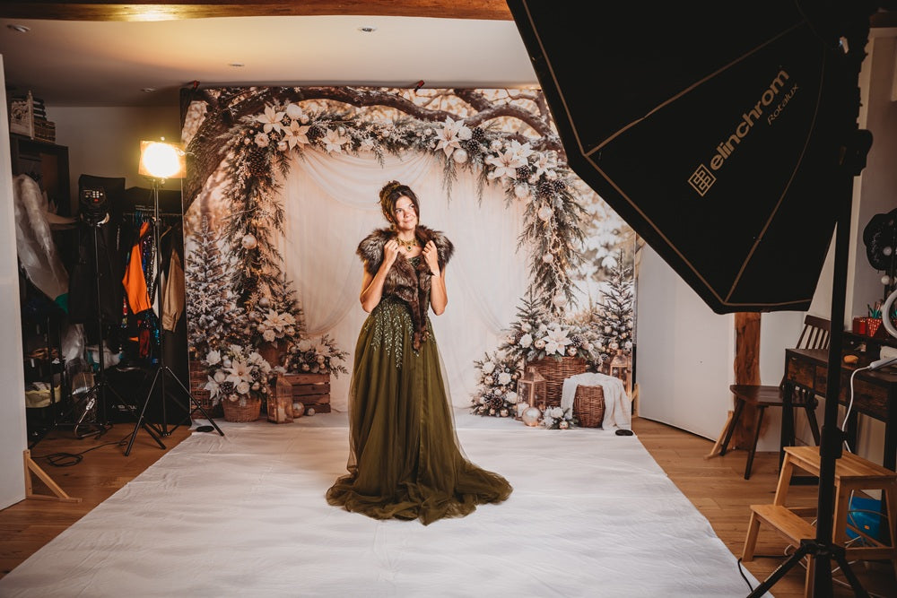 Kate Christmas Branch Arch White Drapes Floral Garland Lantern Printed Backdrop Designed by Emetselch