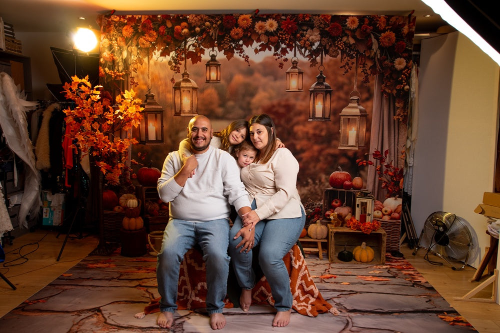 Kate Fall Flower Arch Pumpkins Lanterns Printed Backdrop Designed by Patty Roberts