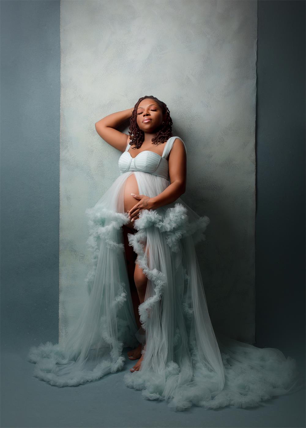 Vestido de maternidad para sesión de fotos con un solo hombro de malla