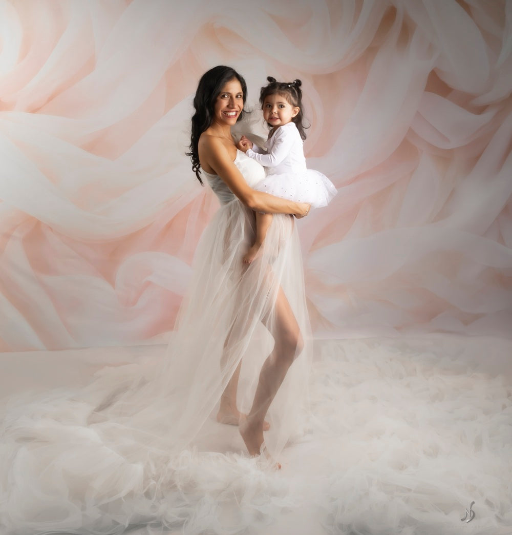 Kate Newborn Pink Ivory Sheer Draped Fabric Printed Backdrop Designed by Megan Leigh Photography