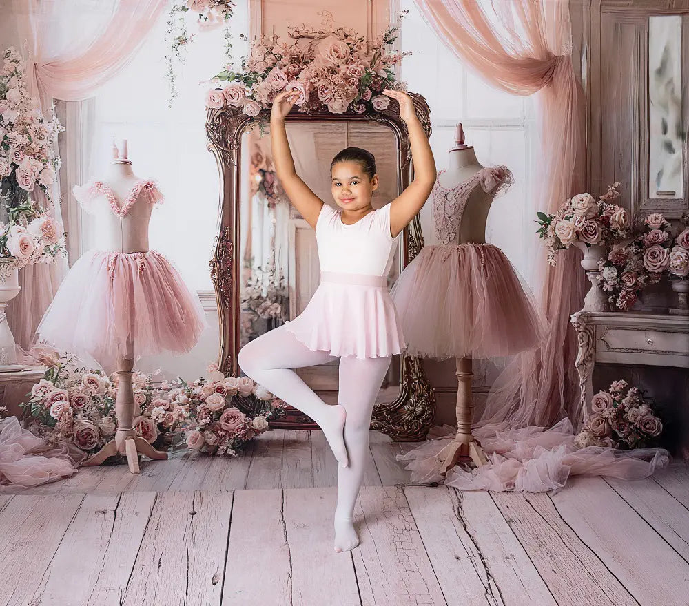 Kate Elegant Ballet Dress Studio Floral Mirror Pink Printed Backdrop Designed by Ashley Paul