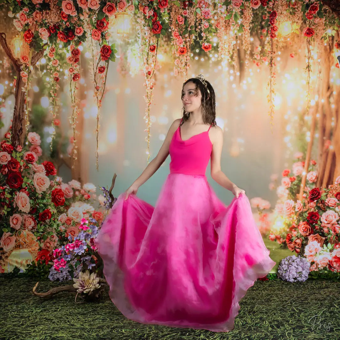 Kate Valentines Romantic Flower Arch Trees Fairy Lights Backdrop Designed by Emetselch