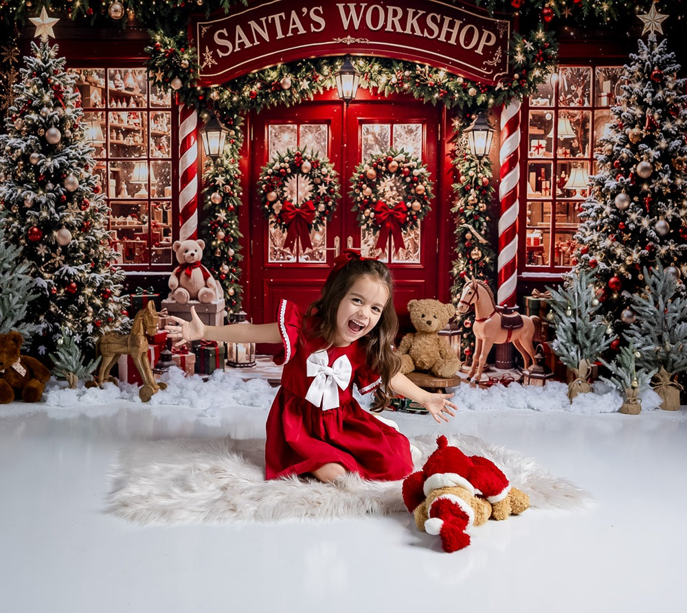 RTS Kate Christmas Santa's Workshop Red Door Trees Presents Printed Backdrop Designed by Emetselch (US ONLY)