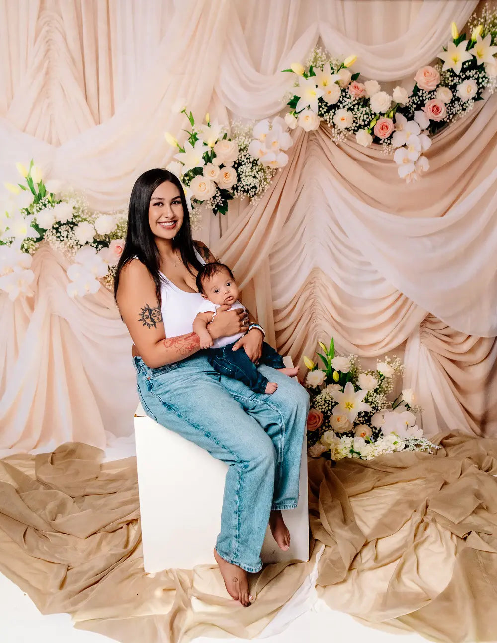 Kate Mother's Day Ivory Drapes Flower Arch Printed Backdrop Designed by Mini MakeBelieve