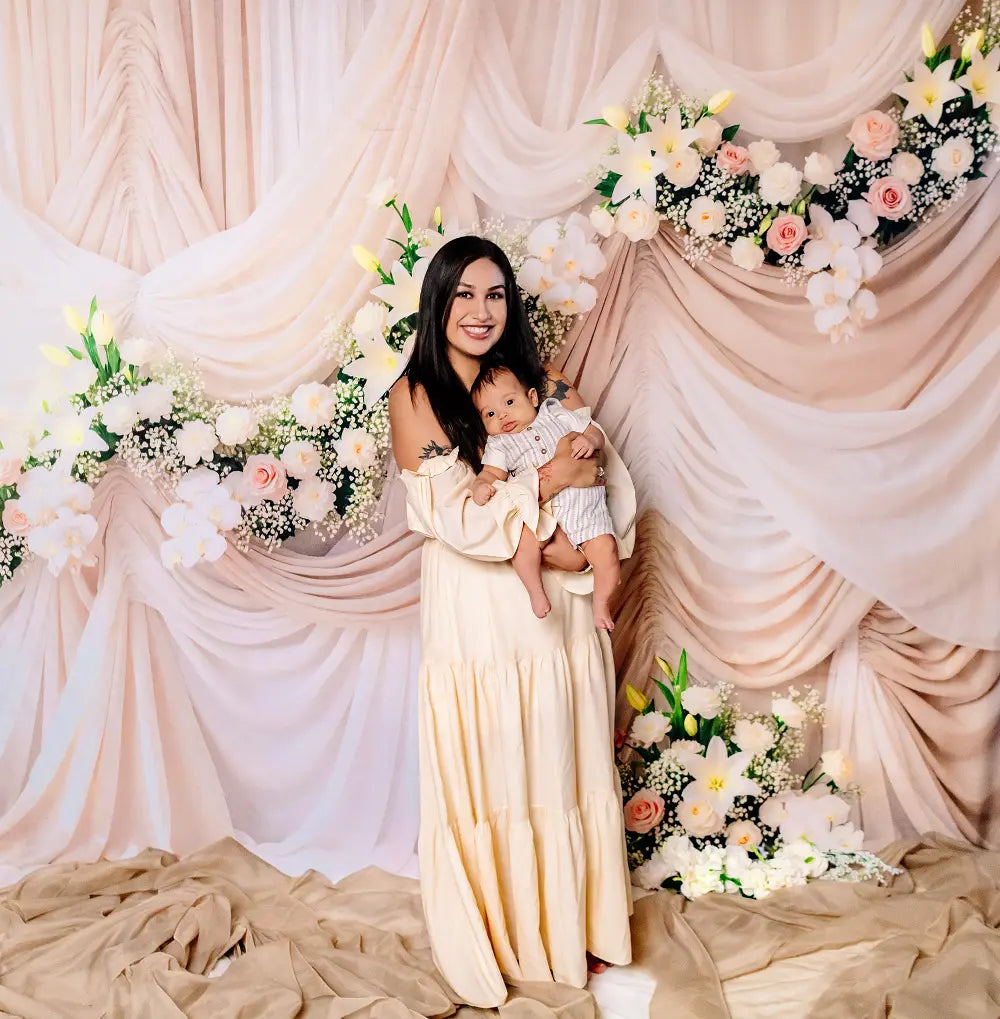 Kate Mother's Day Ivory Drapes Flower Arch Printed Backdrop Designed by Mini MakeBelieve