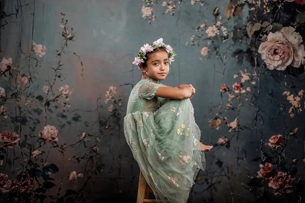 Kate Fine Art Vintage Floral Blue Printed Backdrop Designed by Emetselch